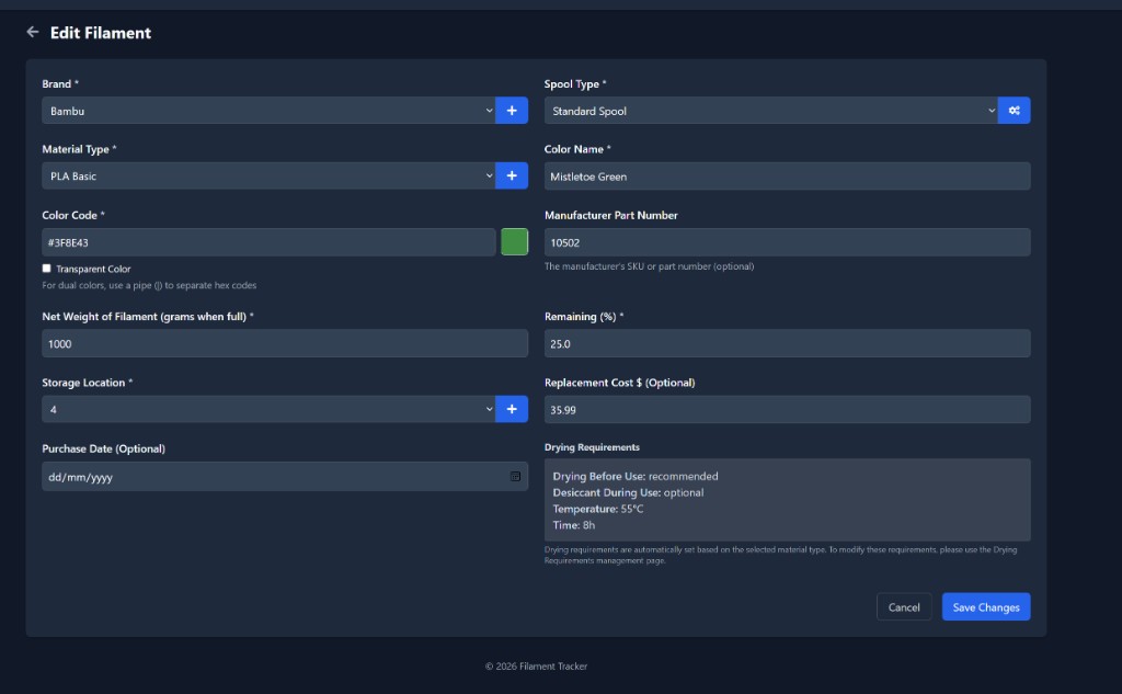 Edit spool form with material-linked drying requirements