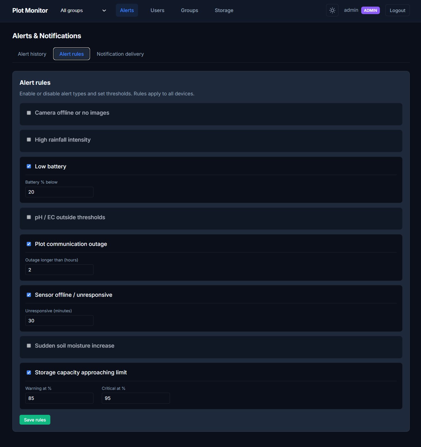 Alert rules configuration